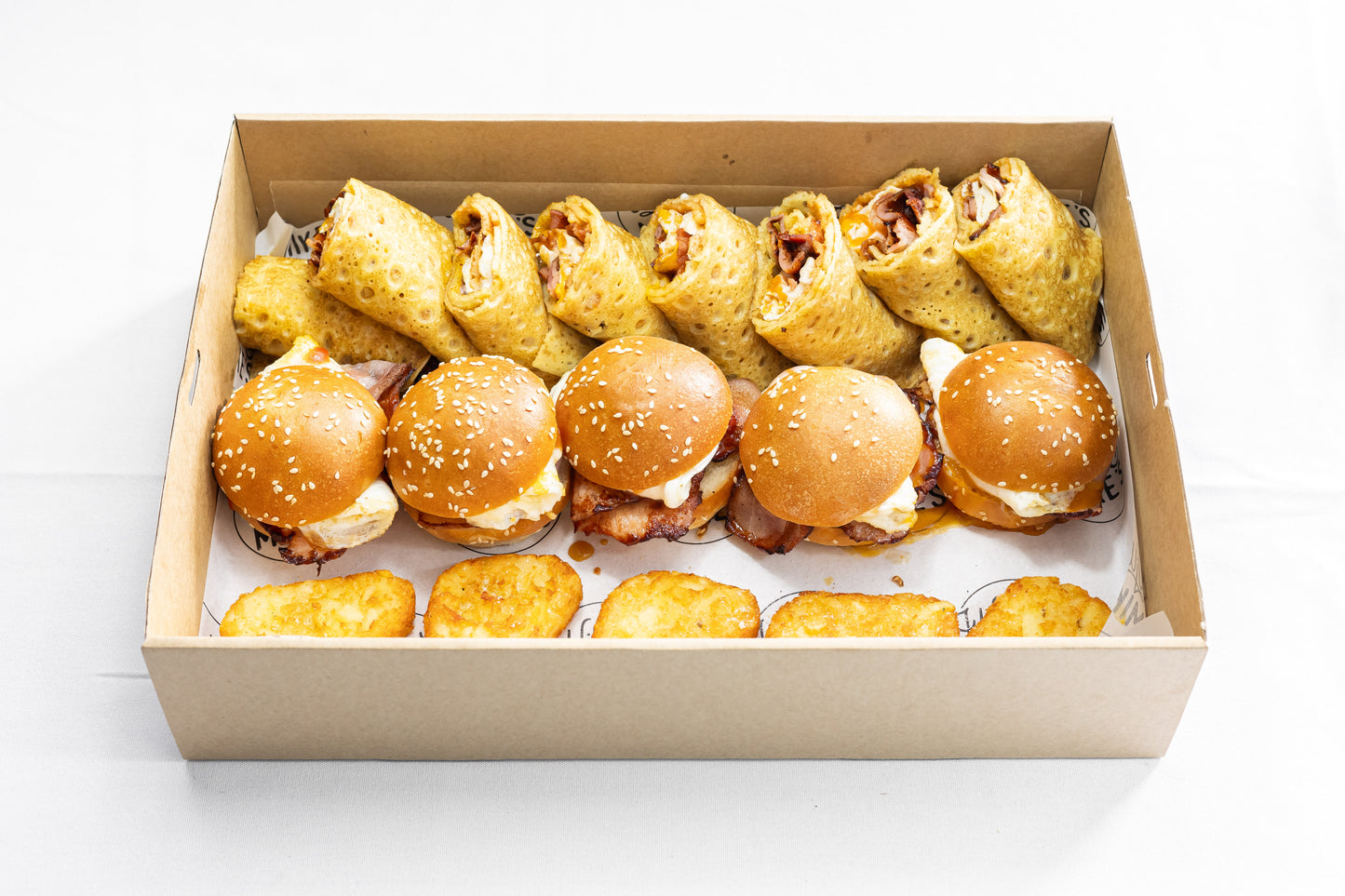 W&M Breakfast Box -Savoury Egg & Bacon Crepes & Sliders with Hashbrowns (serves 5-10)
