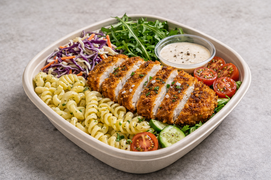 Chicken schnitzel pasta salad bowl