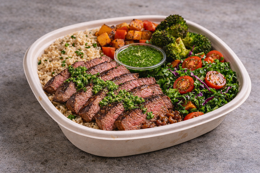 Grilled steak bowl with chimichurri sauce